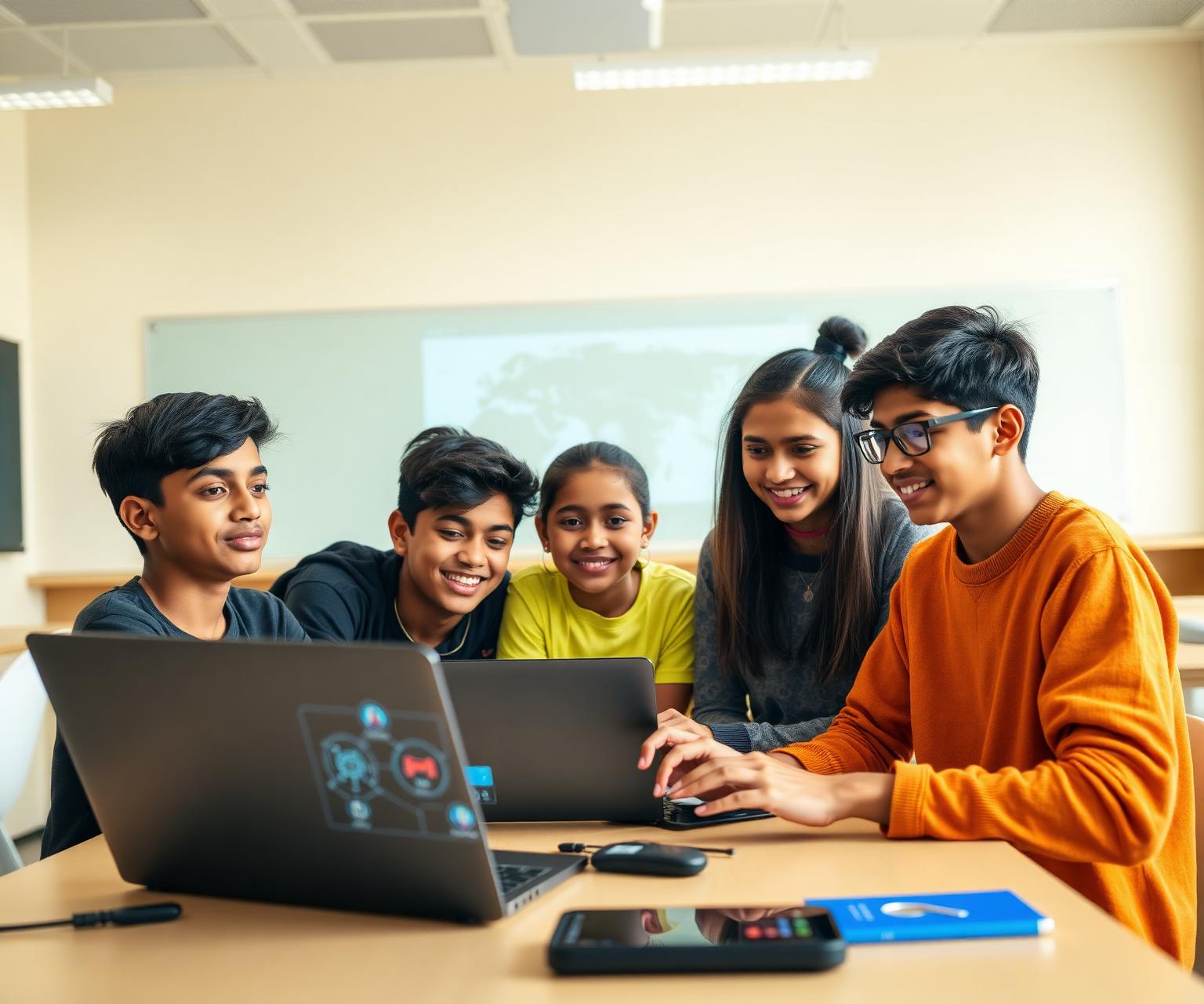 Teenagers collaborating on AI projects with futuristic interfaces